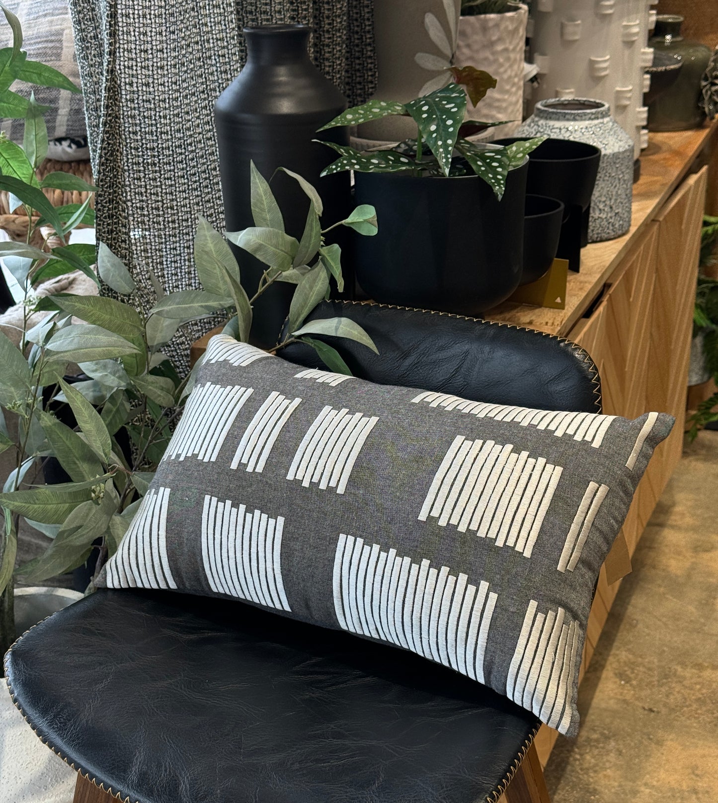 Grey Lumbar Cushion with White Embroidery