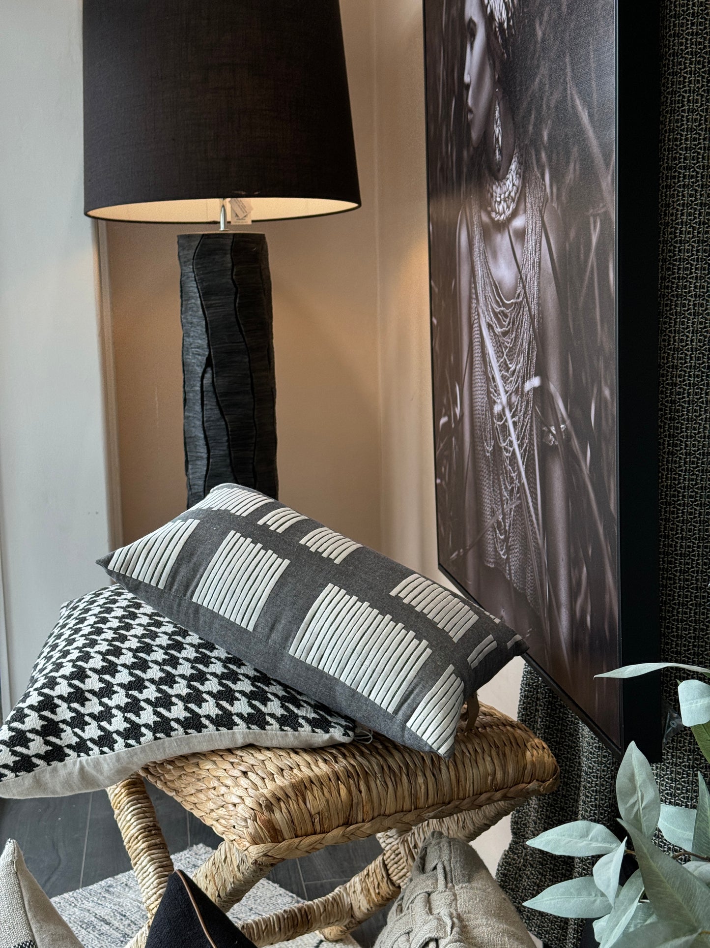 Grey Lumbar Cushion with White Embroidery