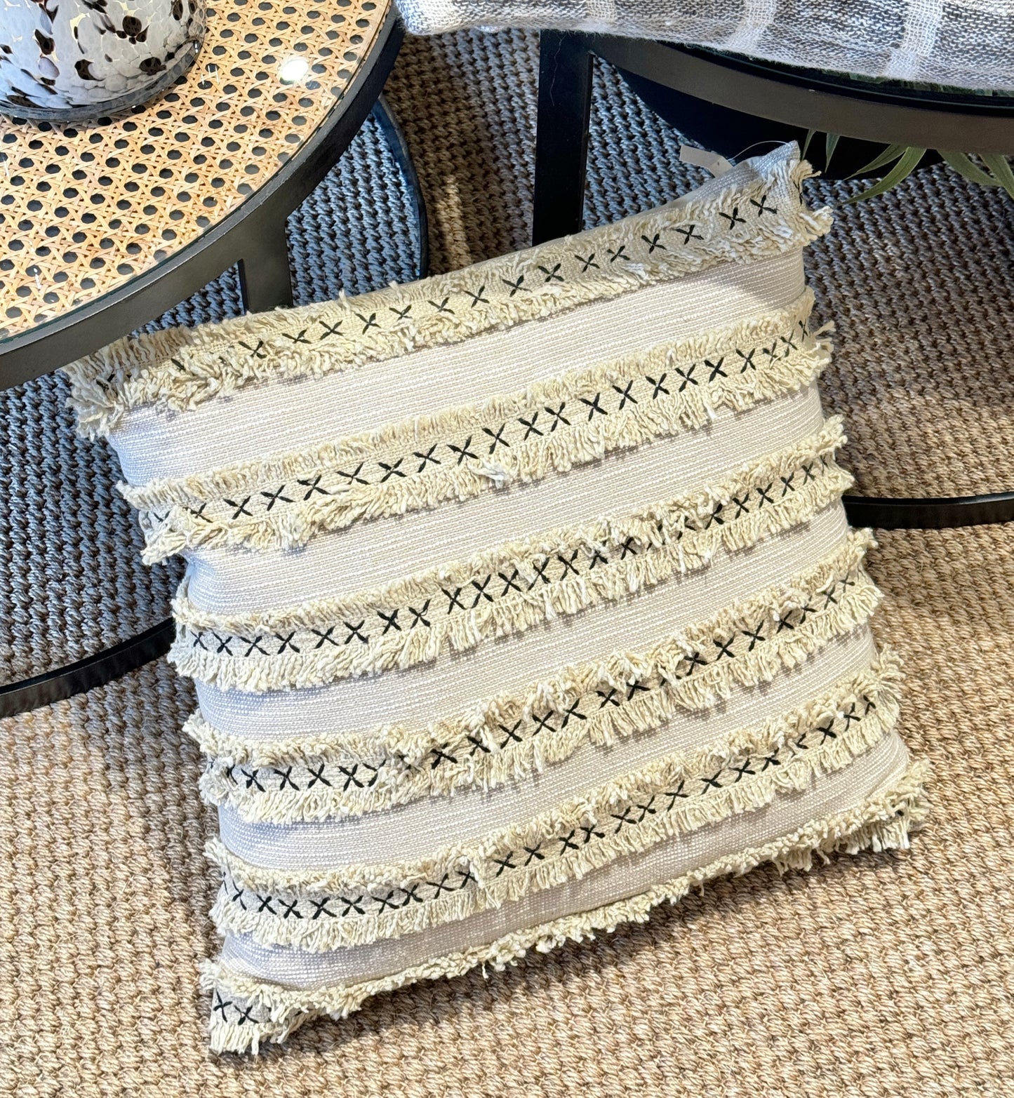 Linen Striped Ruffle Cushion - Sand