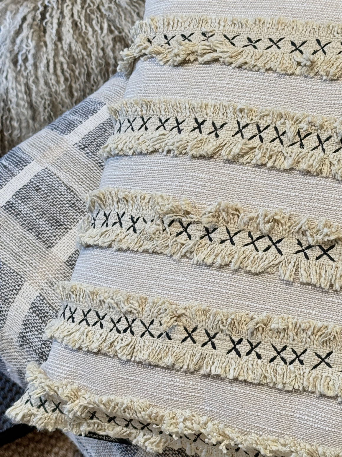 Linen Striped Ruffle Cushion - Sand