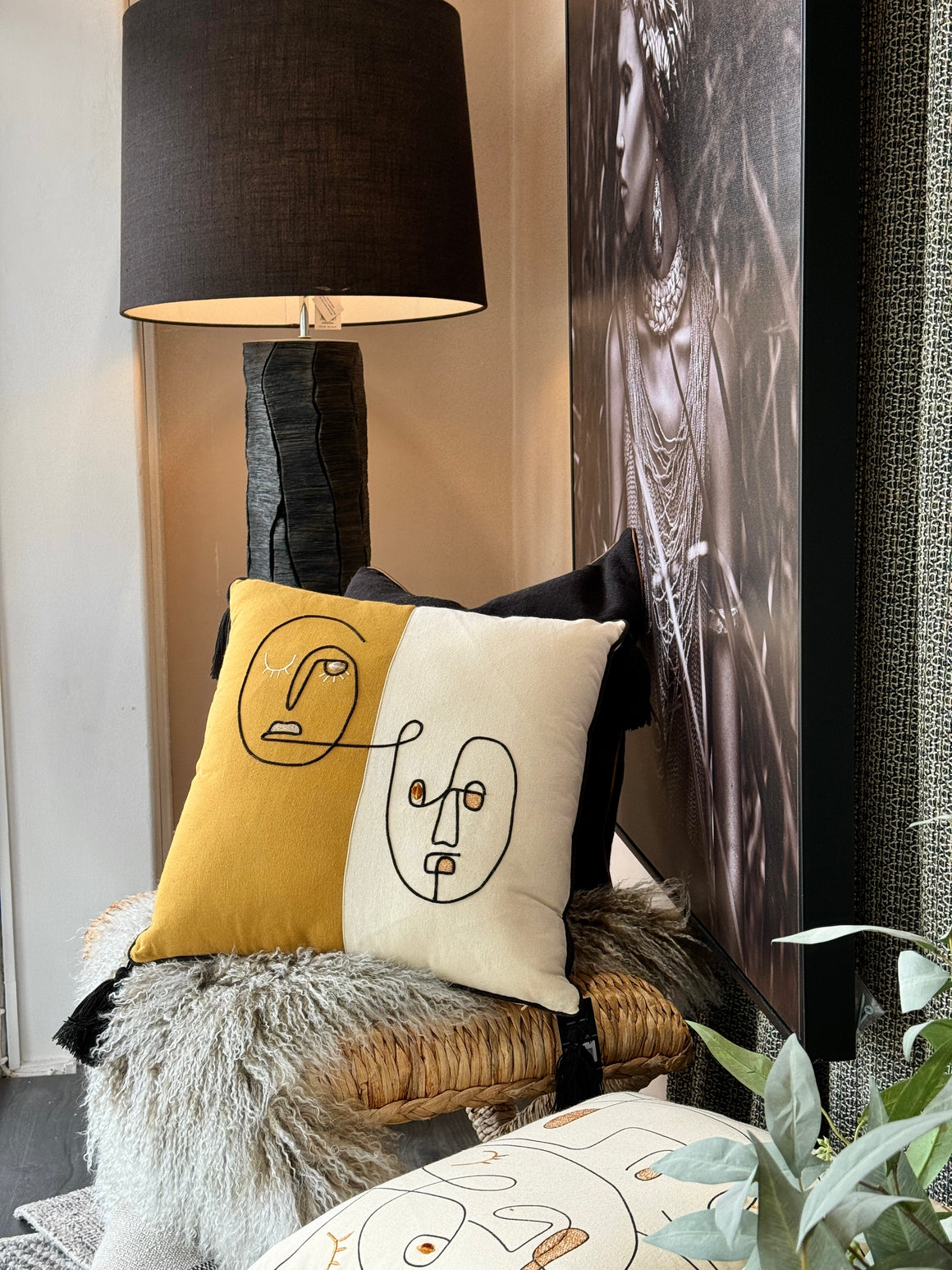 Embroidered Face Line Cushion - Custard/Off White