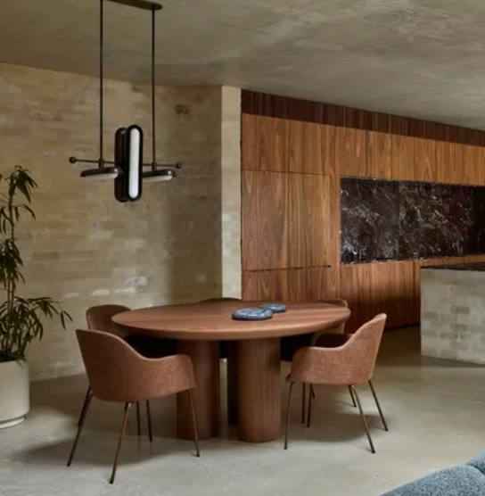 Walnut Round Tri-Pillar Dining Table