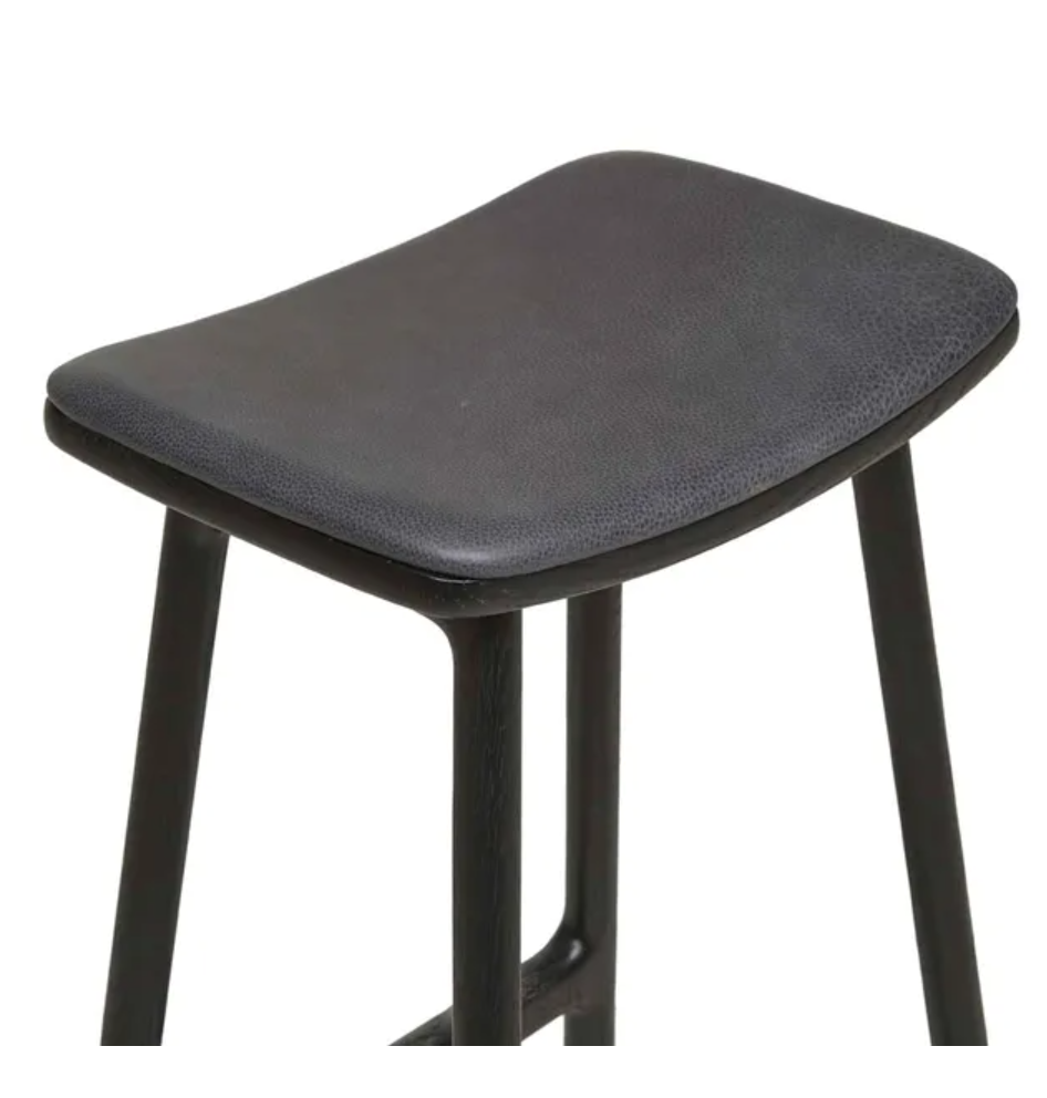 Upholstered Leather Oak Backless Barstool