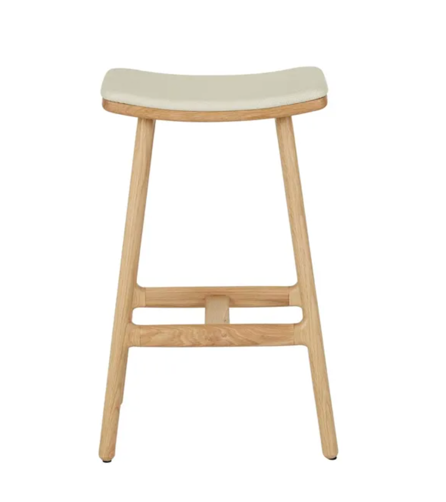 Upholstered Leather Oak Backless Barstool