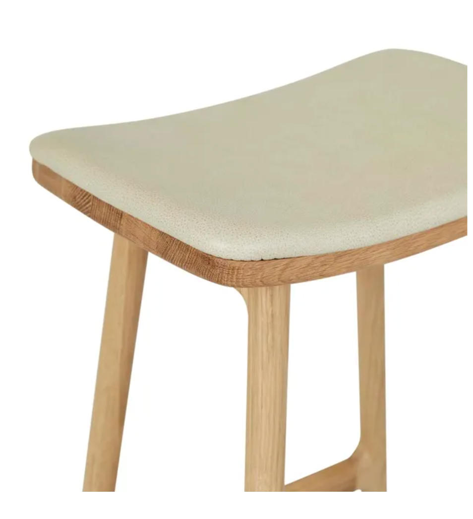 Upholstered Leather Oak Backless Barstool