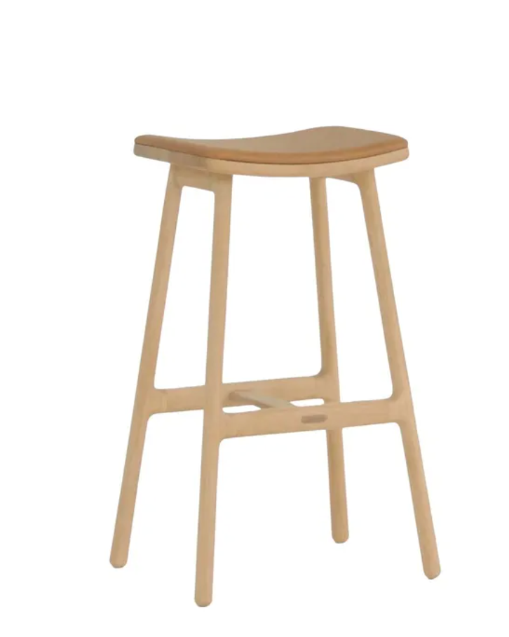 Upholstered Leather Oak Backless Barstool
