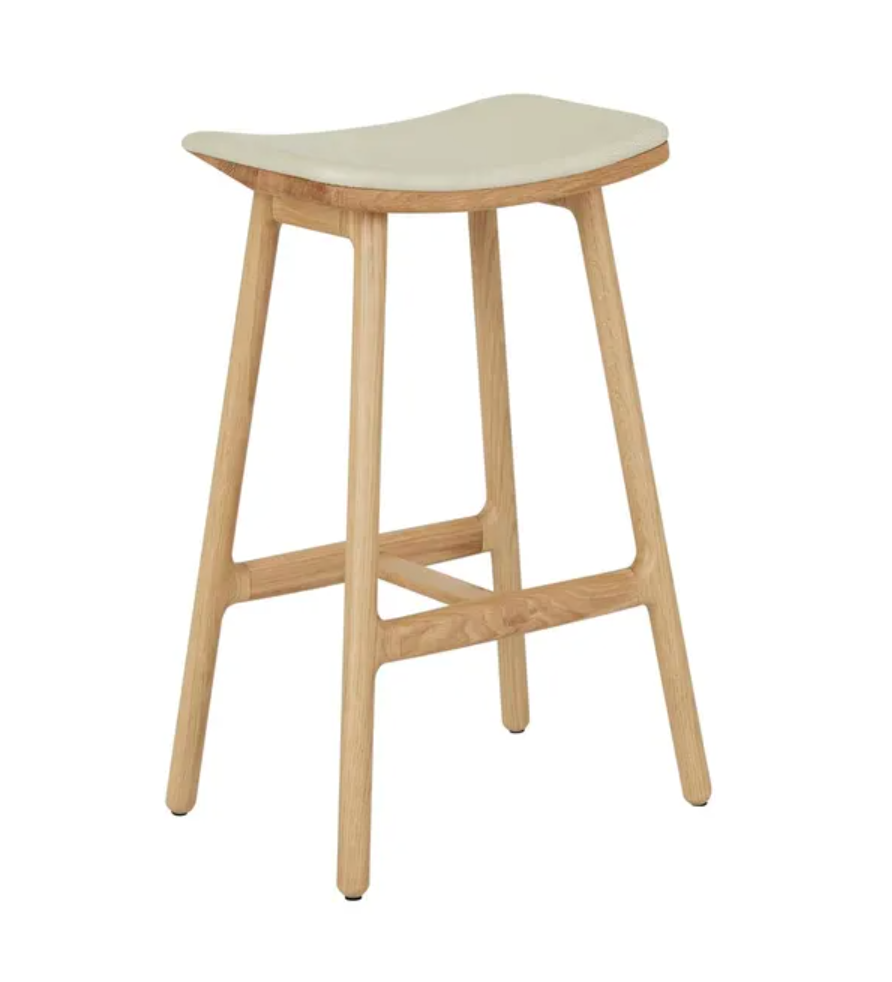 Upholstered Leather Oak Backless Barstool