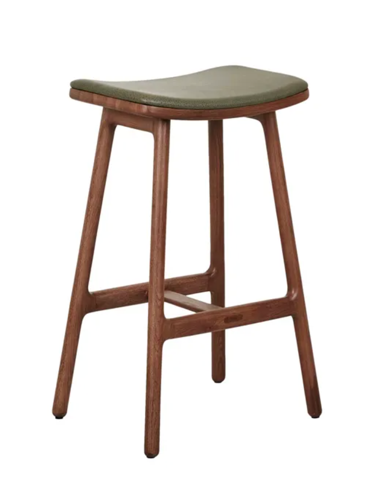Upholstered Leather Oak Backless Barstool