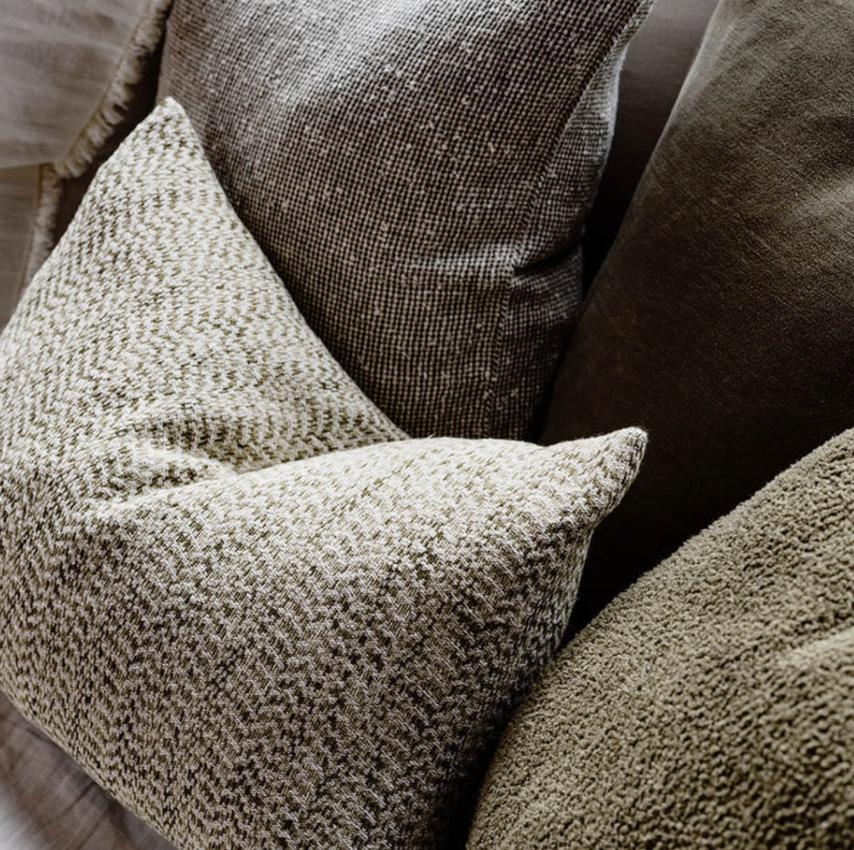 Jacquard Herringbone Cushion - Green/Off White