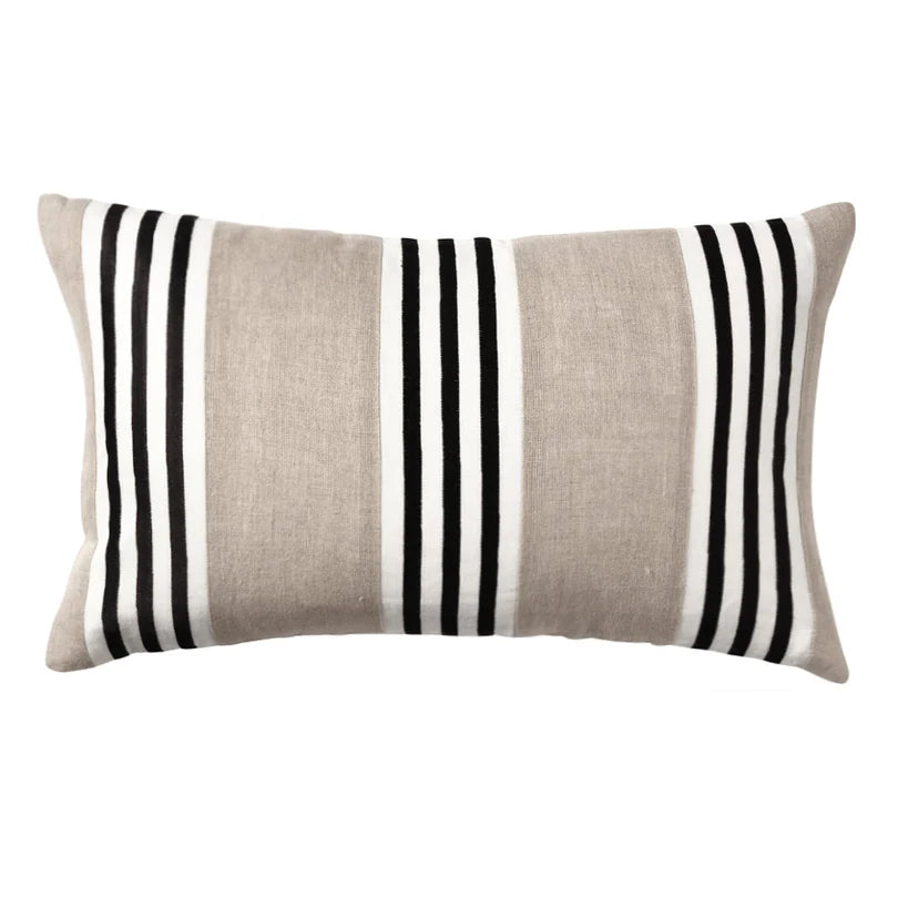 Linen Bold Black Stripe Cushion - Sand