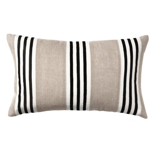 Linen Bold Black Stripe Cushion - Sand
