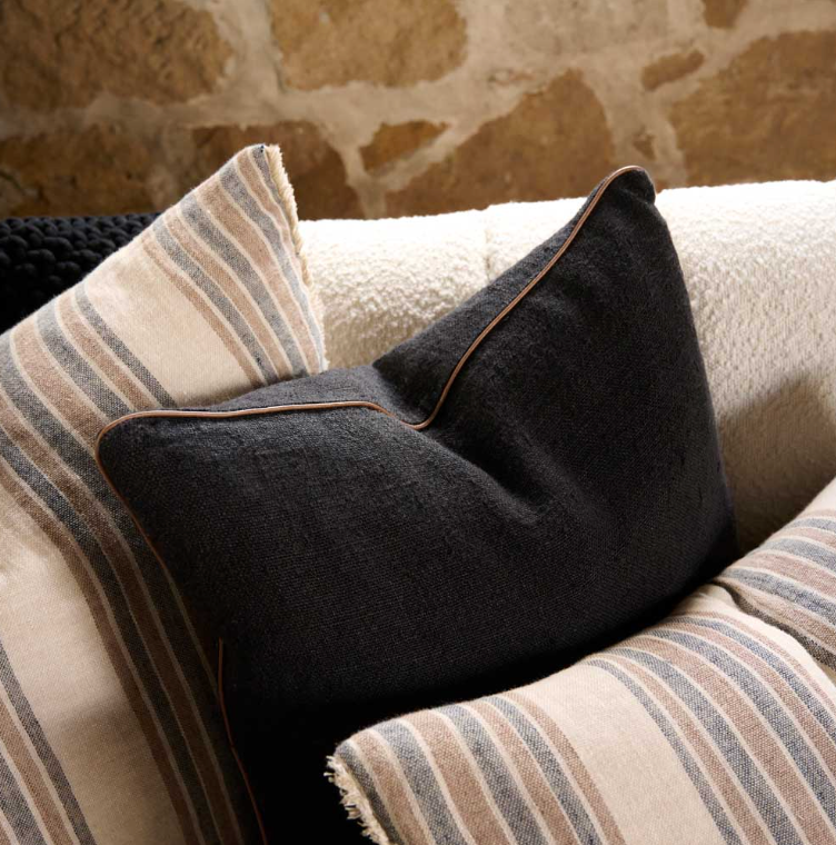 Black Linen Cushion with Tan Stripe