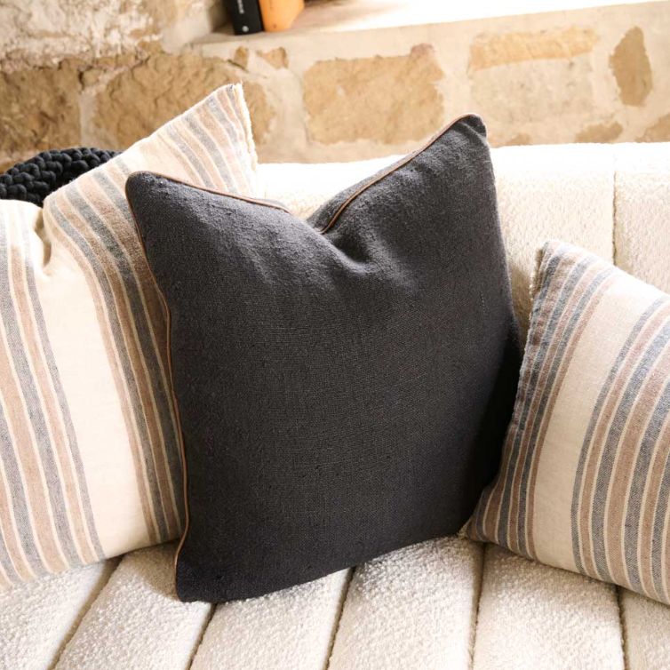 Black Linen Cushion with Tan Stripe