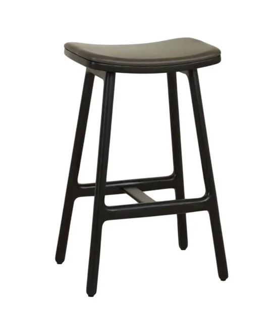 Upholstered Leather Oak Backless Barstool