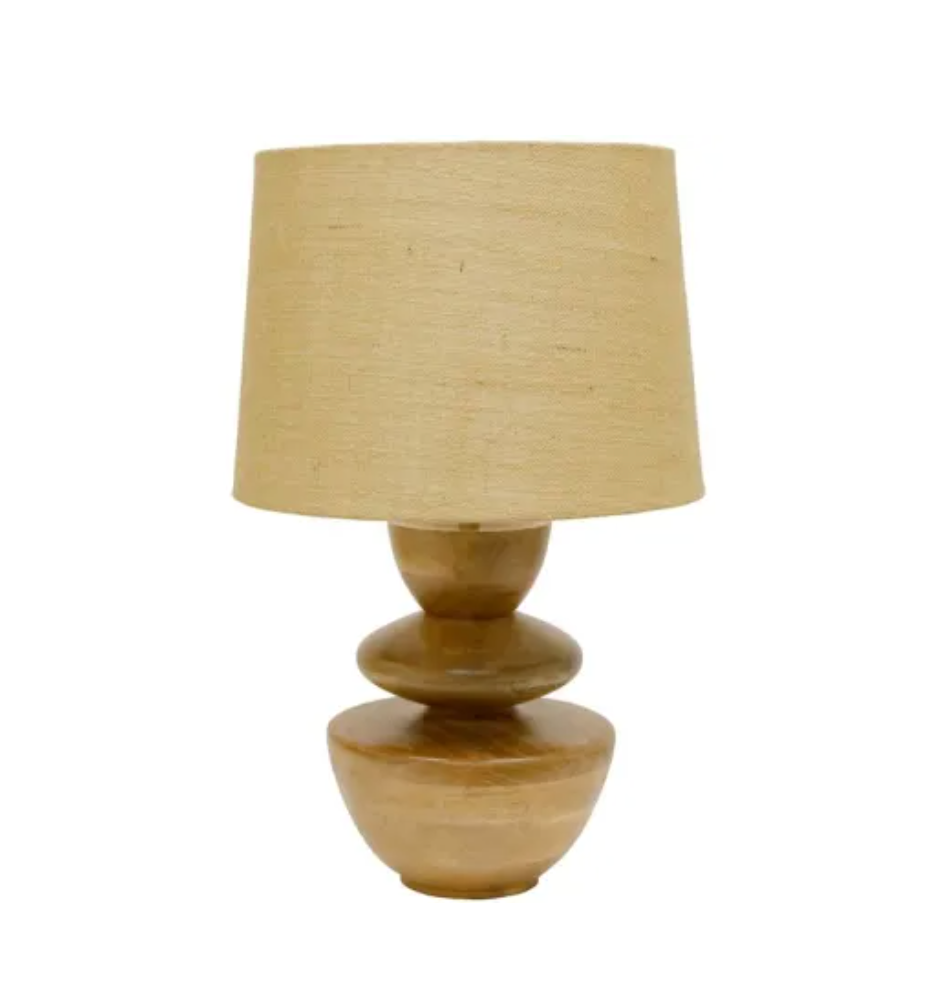 56CM CURVED STACK WOODEN TABLE LAMP W JUTE SHADE - NATURAL