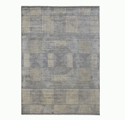 Rectilinear Patterned Rug - Blue/Ivory