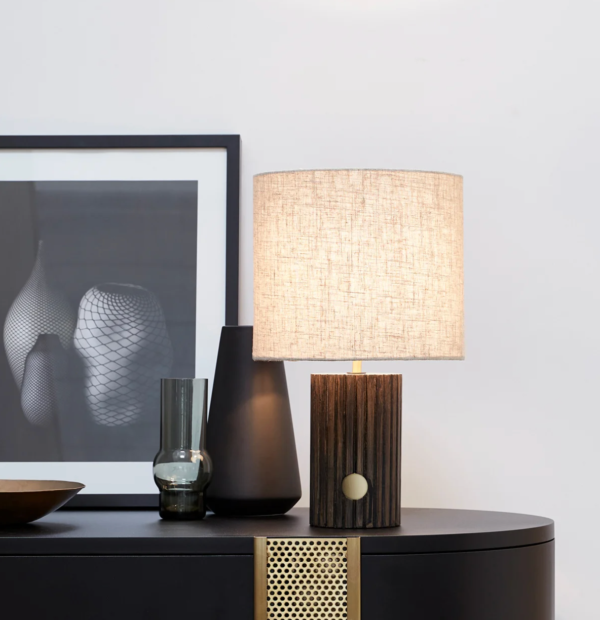 Walnut Table Lamp with Brass and Natural Linen Shade