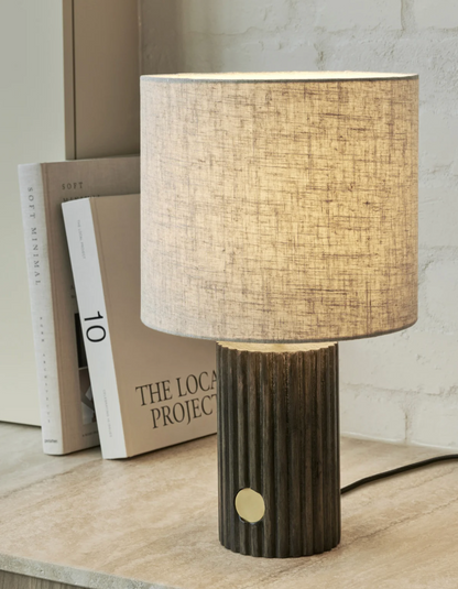 Walnut Table Lamp with Brass and Natural Linen Shade