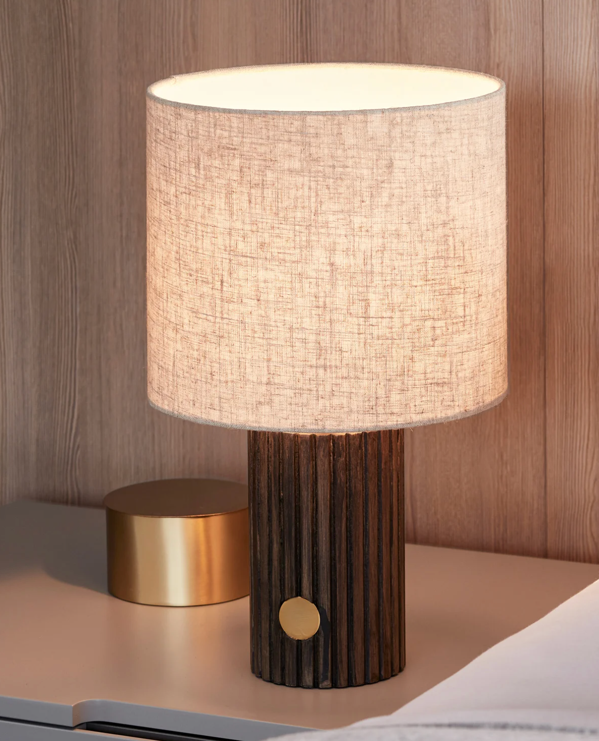 Walnut Table Lamp with Brass and Natural Linen Shade