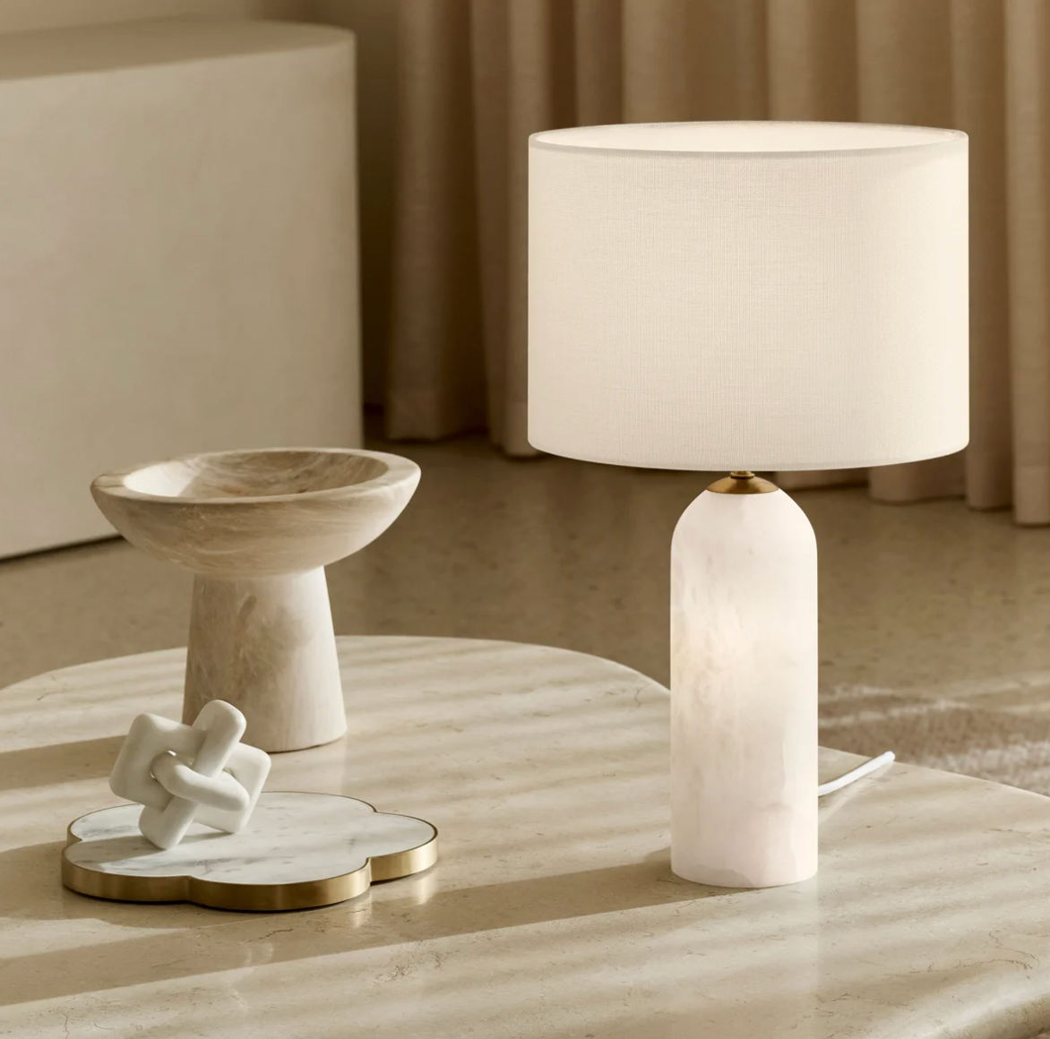 Alabaster Stone White Linen Table Lamp