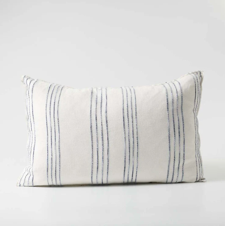 Rock Pool Linen Cushion - White w' Navy Stripe