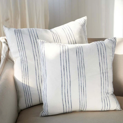 Rock Pool Linen Cushion - White w' Navy Stripe