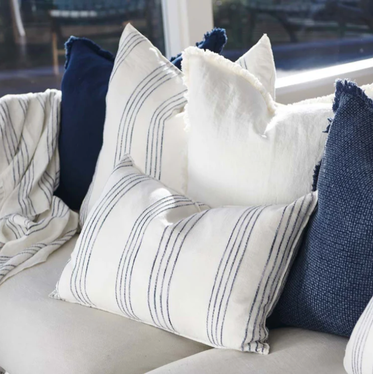 Rock Pool Linen Cushion - White w' Navy Stripe