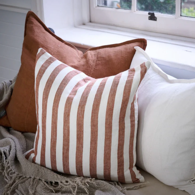 Santi Linen Cushion - Off White/Nutmeg Stripe