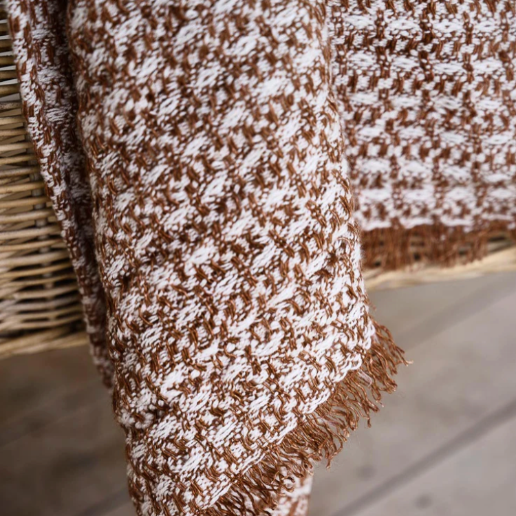 Checked Knitted Throw - Nutmeg/Off White