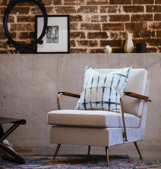 Light Grey Velvet Armchair with Brass and Timber Frame