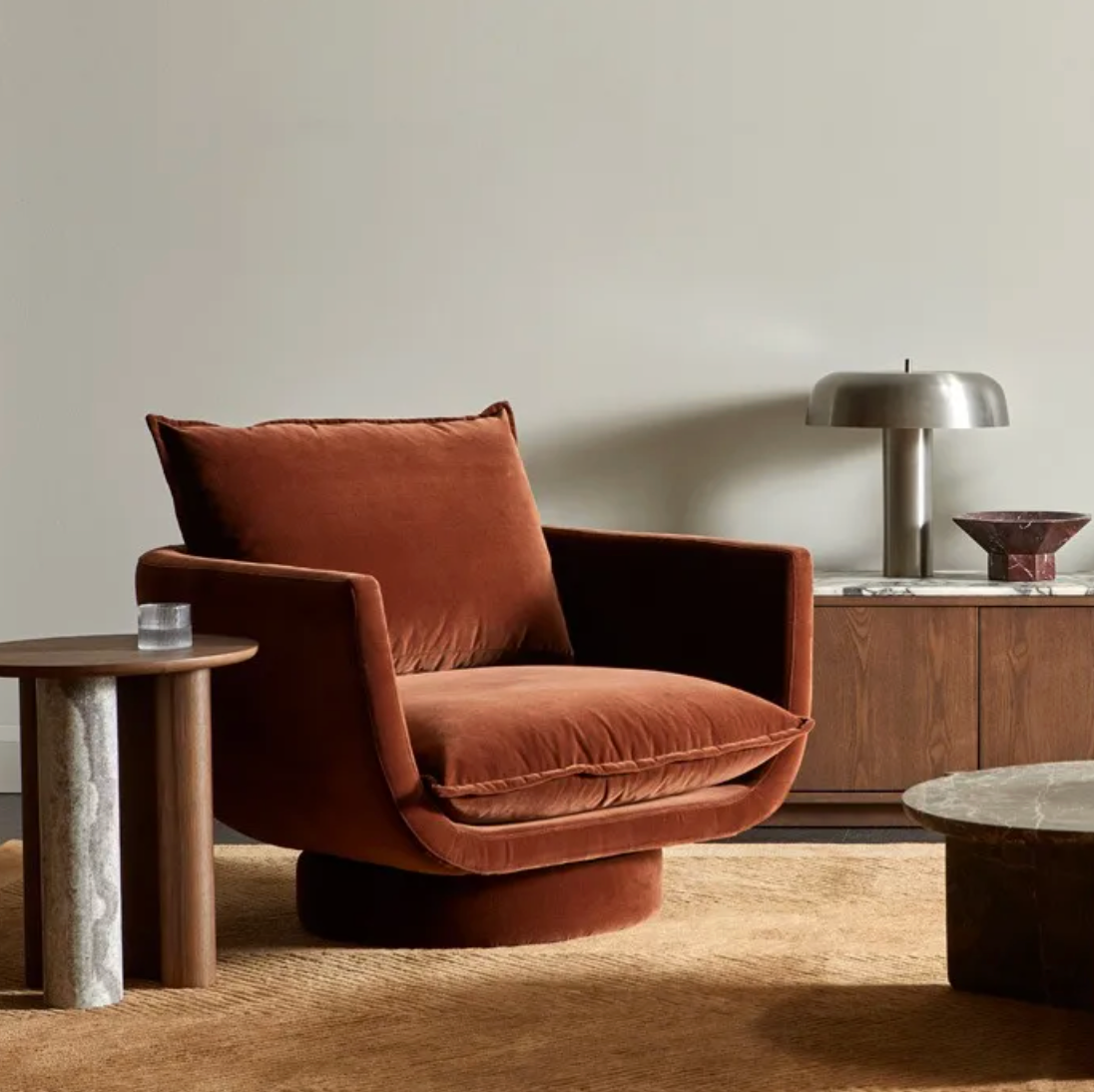 Crescent Base Side Table - Wood/Marble