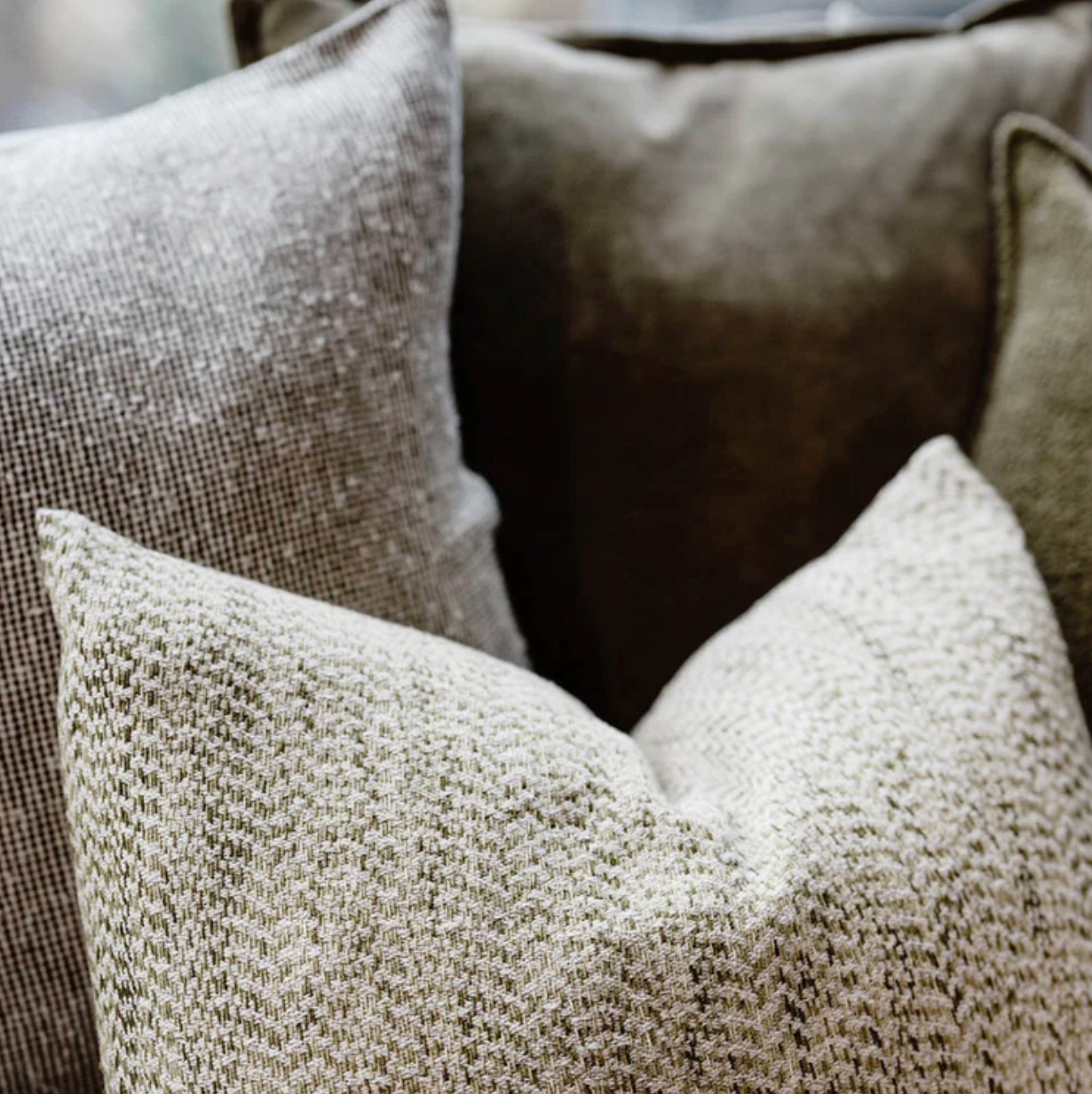 Jacquard Herringbone Cushion - Green/Off White