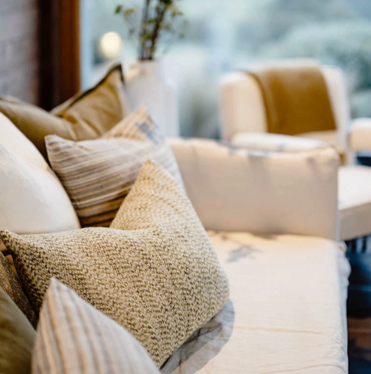 Jacquard Herringbone Cushion - Green/Off White