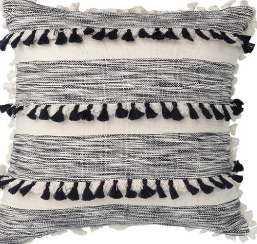 Textured Navy & White Cotton Cushion with Tassel Detail