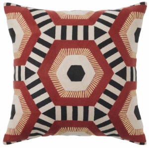 Red, Mustard, Black Embroidered Hexagon Pattern Cushion