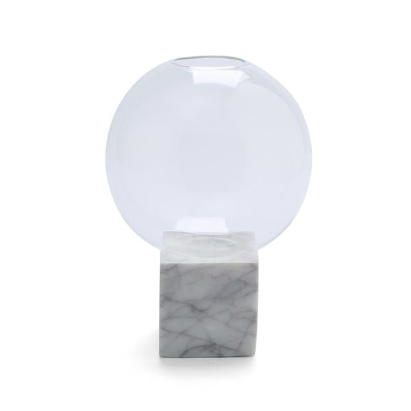 Round Blanc Glass Vase with Cube Marble Base