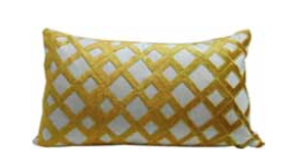 White lumber cushion with mustard crisscross pattern