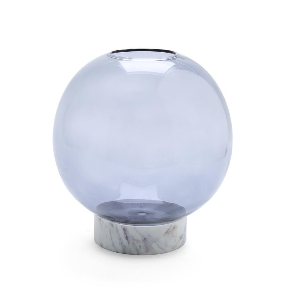 Round Smoked Glass Vase with Marble Base Large