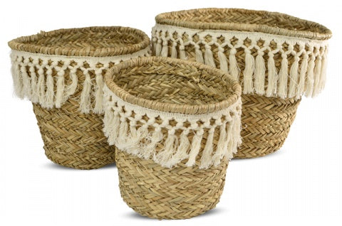 Seagrass Basket with White Tassels Medium
