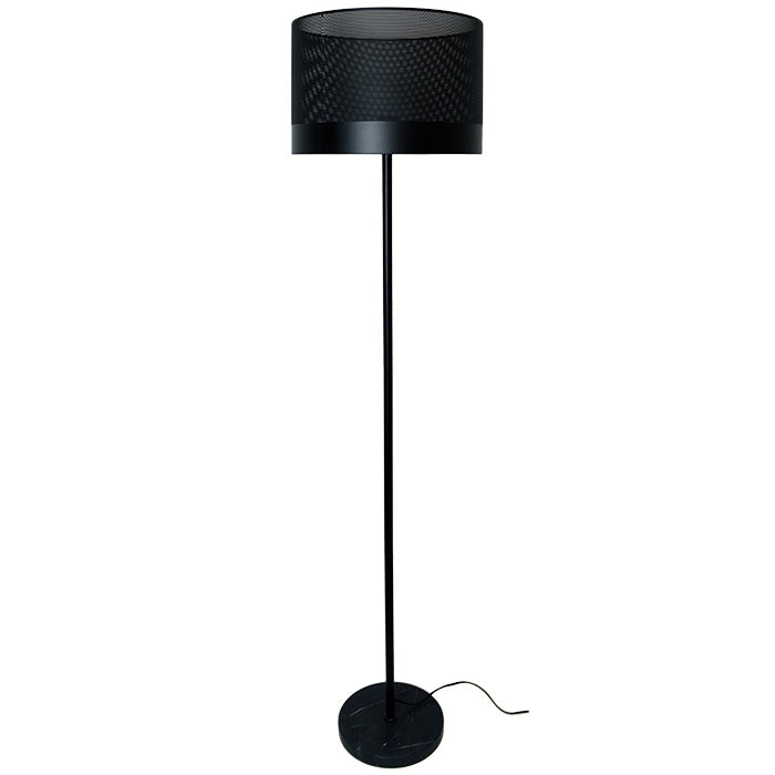 Black Metal Floor Lamp with Perforated Shade and Stone Base