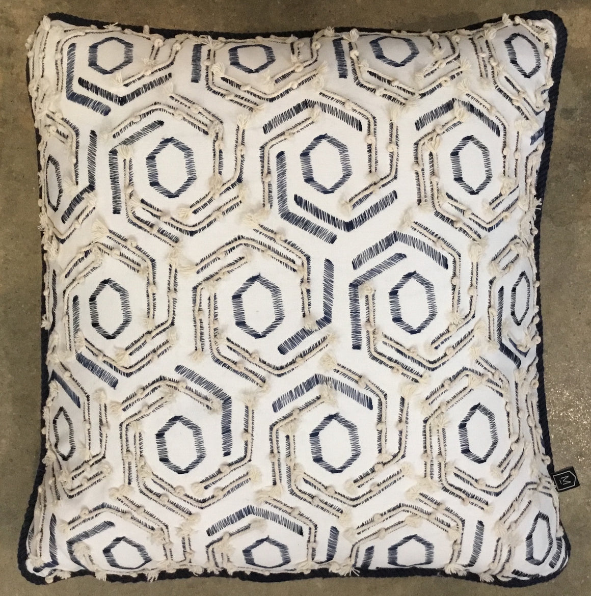 Textured Navy & White Cushion with Rope Detail and Piping